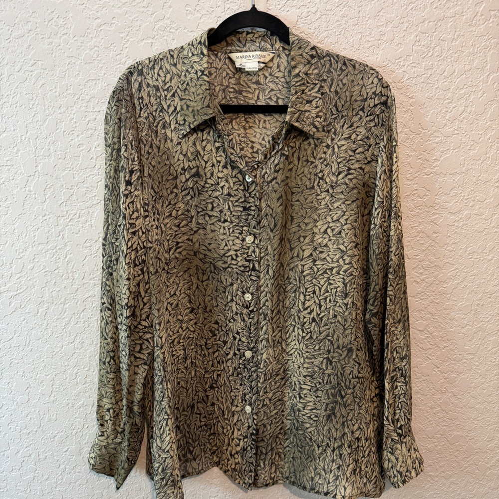 Marina Rinaldi Silk Leaf Print Button Down Blouse Size 23 Italian Quiet Luxury